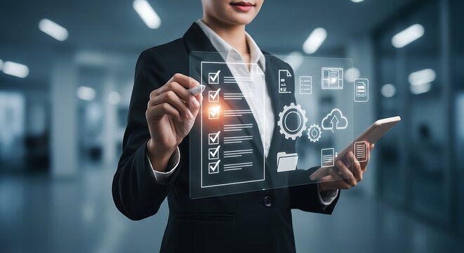 Businesswoman interacting with a futuristic holographic interface displaying data and task management elements