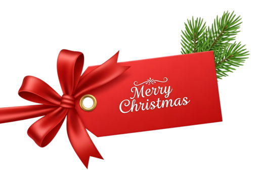 Red christmas gift tag with a satin red bow and green pine sprigs isolated on transparent background