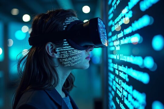 A cyberspace thief infiltrating a virtual bank vault with illuminated code on their face