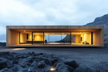 modern minimalist house integrated into rocky landscape.