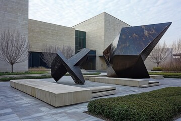 modern museum plaza with geometric metal sculpture and stone benches