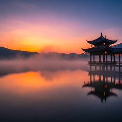 A tranquil Asian-inspired pavilion sits serenely on a still lake at sunrise, bathed in warm, vibrant colors.