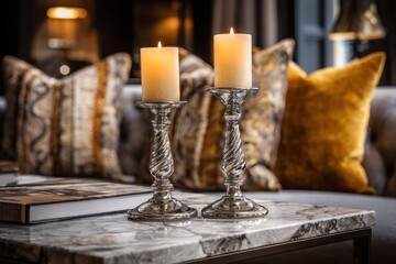 Elegant candle holders on marble table with patterned pillows in cozy living room