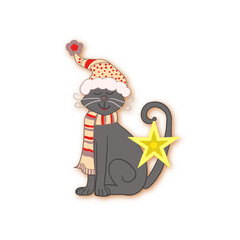 cute illustration of a cat with a Christmas hat, a star and scarf on transparent background, 5000x5000 pxl, Christmas inspo