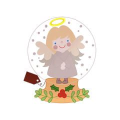 cartoon illustration-sticker of glass ball - little angel decorated with flowers, transparent background