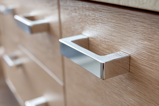 Modern stainless steel drawer knobs on wooden cabinet close-up
