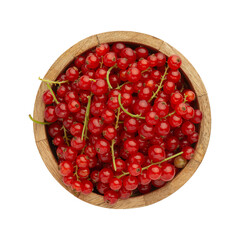 red currant berries in a wooden plate on a white isolated background