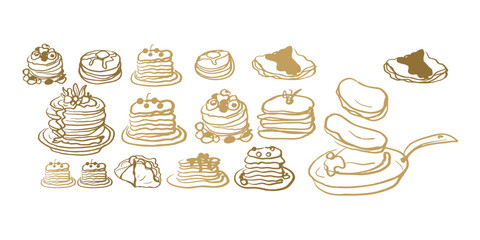 Isolated vector sketch set of pancakes. Desserts and bakery products. Vintage style drawing on white background. Crepes. 
