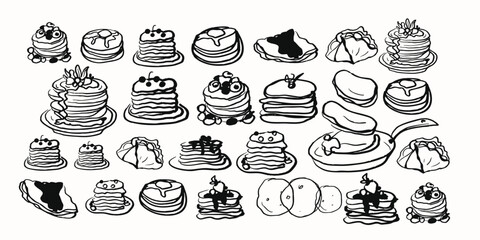 Isolated vector sketch set of pancakes. Desserts and bakery products. Vintage style drawing on white background. Crepes. 
