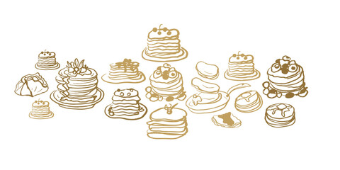 Isolated vector sketch set of pancakes. Desserts and bakery products. Vintage style drawing on white background. Crepes. 