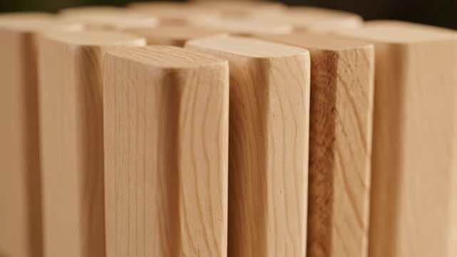 Close up of smooth, polished wooden planks and blocks showcasing natural grain, texture, and craftsmanship with warm tones highlighting elegance of timber and beauty of its polished finish