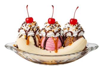 Delicious banana split dessert with three scoops of ice cream topped with whipped cream chocolate sauce and cherries isolated on transparent background