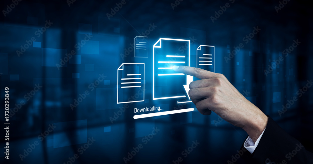 Fototapete visual representation of digital document downloading, showing file transfer, data access, and progr