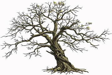 Fototapeta premium Old gnarled tree trunk with sparse leaves vector illustration scalable eps icon