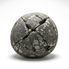 A spherical, textured rock, exhibiting deep, radiating cracks and speckled patterns, sits against a plain white background.
