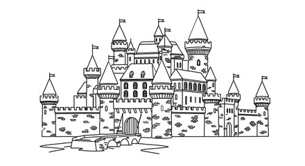 Obraz premium Detailed line art of a majestic castle with multiple towers and flags
