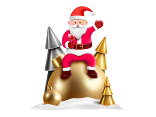 cute 3D santa claus character sitting on the christmas gold bauble. gold and silver color metal christmas trees on the snow. greeting card,invitation,celebration backgrounds design clip art.