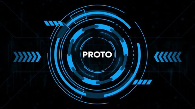 Futuristic PROTO Holographic Interface Display with Digital Grid and Particles Keywords: PROTO, prototype, interface, futuristic, technology, digital, holographic