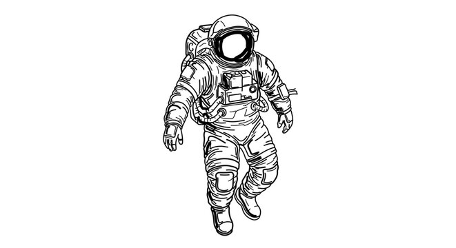 Detailed line art of an astronaut in spacesuit floating in space