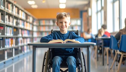 Happy boy in wheelchair sitting at a desk in a library