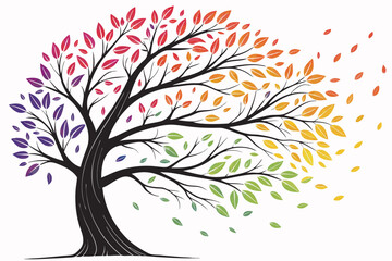 Obraz premium Vibrant gradient tree illustration with colorful leaves and falling petals vector art
