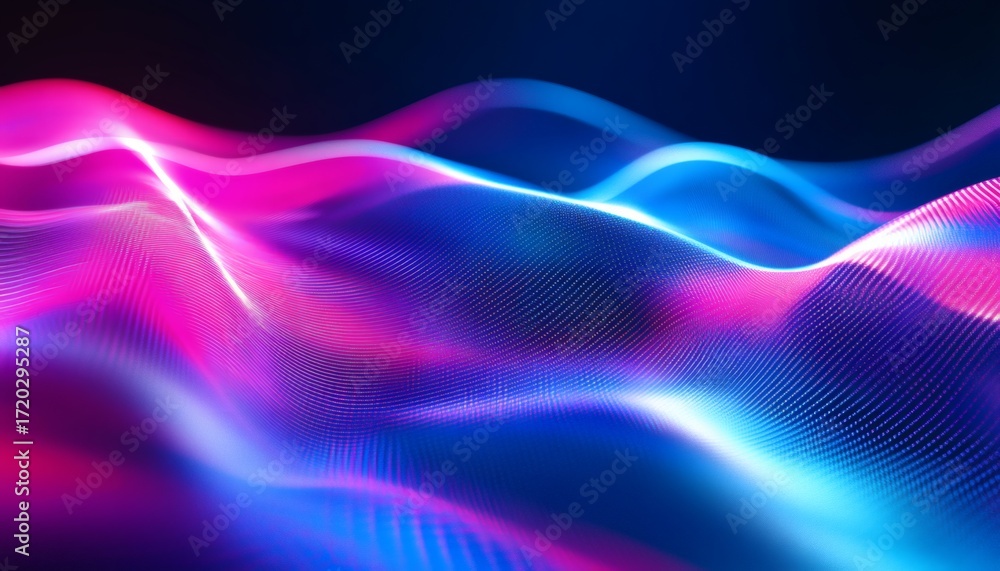 Poster the illustration shows a dynamic wave pattern with pink and blue hues, digitally created for abstrac