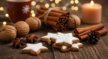 Star Shaped Christmas Cookies with White Icing, Walnuts, Pinecones, and Cinnamon Sticks in Warm Holiday Setting