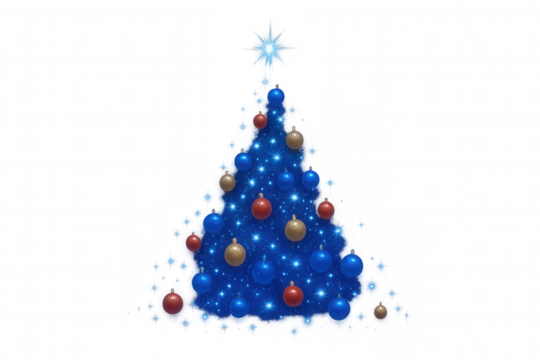 Blue christmas tree creating festive holiday decorations and sparkling lights on transparent background