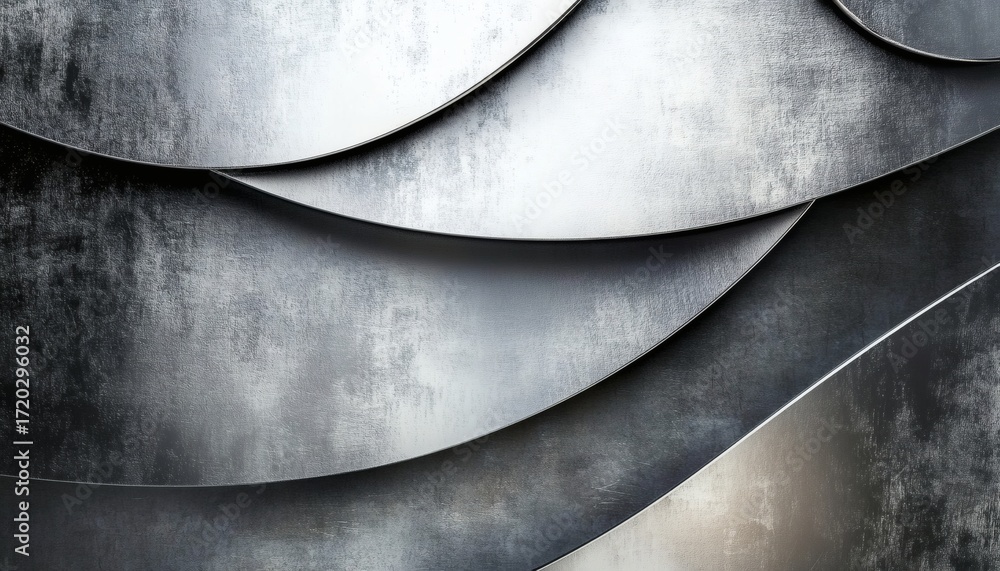 Poster the image shows an abstract composition of several curved metallic plates layered to create a three-