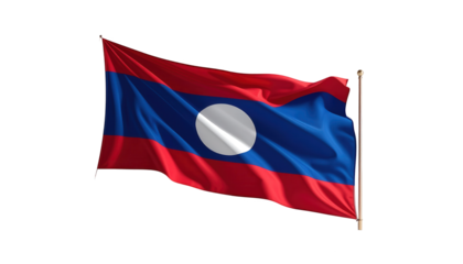 A vibrant depiction of the Lao People's Democratic Republic flag billowing in the breeze against a stark black background.