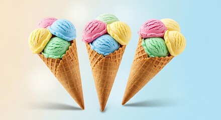 Three colorful ice cream cones, filled with vibrant scoops of assorted flavors, suspended in mid-air against a pastel gradient background.