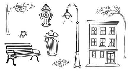 Cityscape elements, including buildings, benches, streetlights, and trash cans