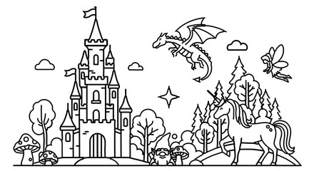 Obraz premium Fantasy landscape with castle, dragon, unicorn, and fairy, magical scene