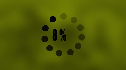 Circle rotating loading or progress bar icon. Cyan dot ring on gray background. Downloading  0 to 15% percentage. Loading process start to complete Yellow Background.