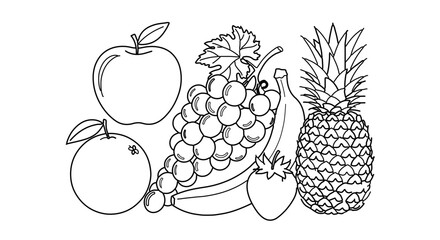 Illustration of various fruits, including apple, orange, grapes, banana, strawberry, and pineapple