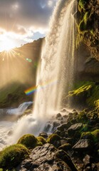 A sunlit waterfall cascades over mossy rocks creating a bright rainbowstreaked scene