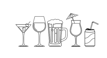 Illustration of various alcoholic beverages, including martini, wine, beer, cocktail, and soda