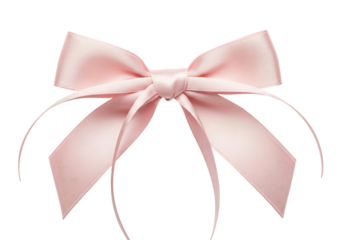 Delicate pale pink satin ribbon bow with flowing tails isolated on transparent background