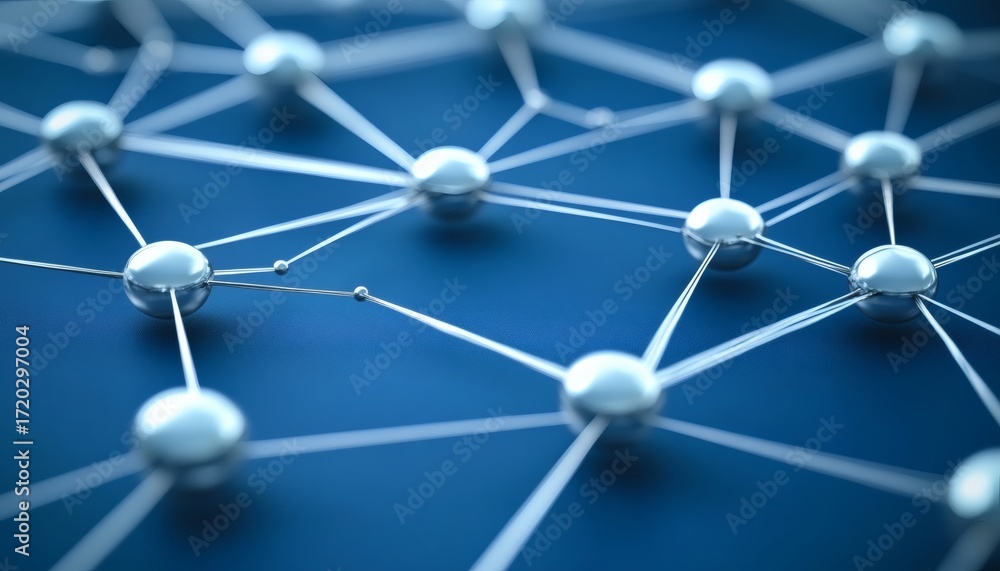 Poster the illustration shows a complex network of metallic spheres connected by thin lines, creating an ab