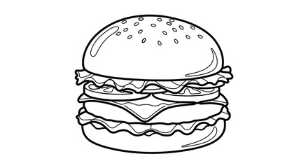 Detailed black and white drawing of a burger, showcasing layers of ingredients