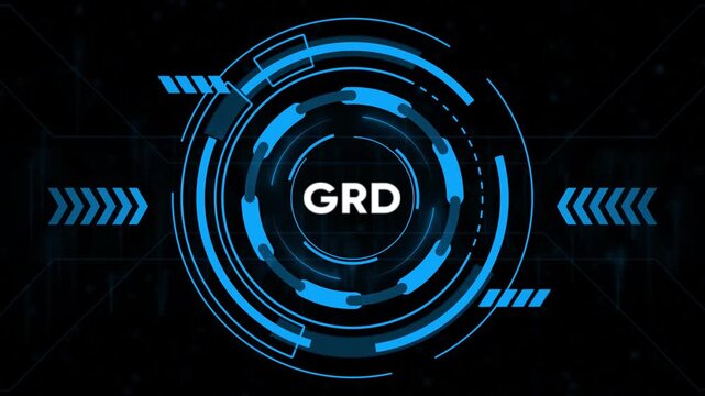 Futuristic Blue Circular HUD Interface with GRD Text on Dark Digital Background technology