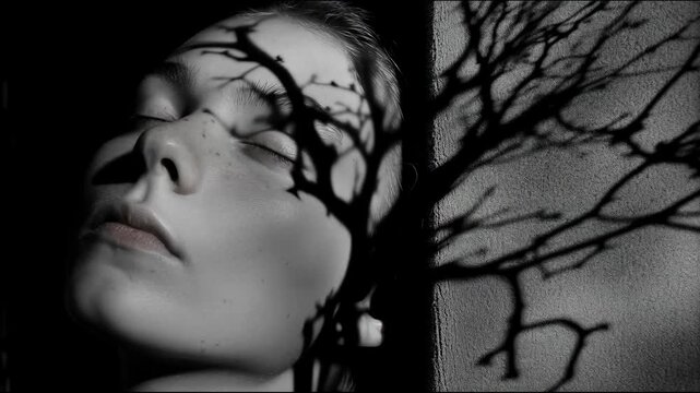 Shadow of tree branches falls across the face of a girl sleeping with closed eyes in black and white light