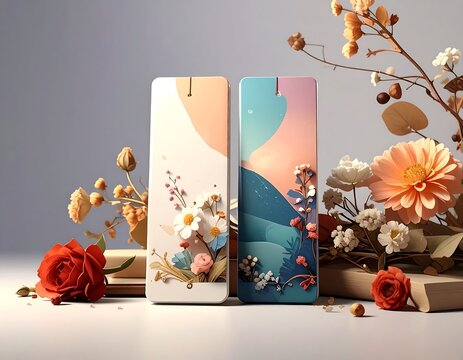Two decorative bookmarks with floral and landscape designs, presented on a light background with flowers and dried branches