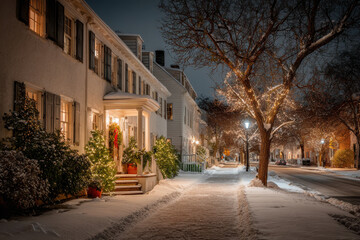 charming american city street adorned with festive holiday banners and twinkling garlands