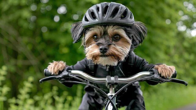 A determined dog in a bicycle helmet rides confidently along a scenic path, embodying an adventurous spirit in the great outdoors.