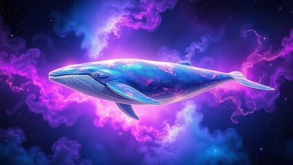 Obraz premium A luminous whale gracefully traverses a vibrant, colorful cosmic cloudscape