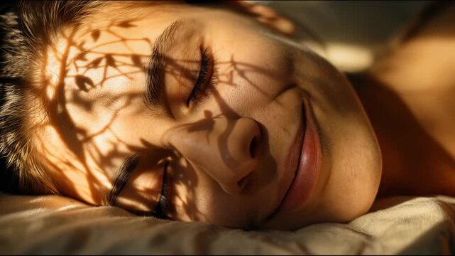 The face of a sleeping person with closed eyes is illuminated by sunlight, with shadows of branches and leaves falling across the skin, and then the corners of the lips rise into a gentle smile