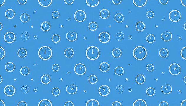 A repeating pattern of white clocks on a light blue background - Powered by Adobe