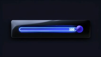 A black rectangular interface progress bar with blue neon glow gradually fills up completely, showing the number 100 in the center