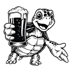 Illustration of a turtle holding a beer isolated on white background